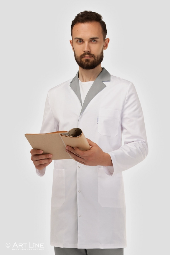 Халат медицинский мужской, длинный рукав, модель 4-455 о, цвет белый/серый фото 1