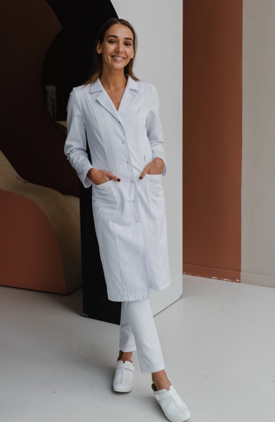 Халат медицинский женский, длинный рукав, модель 1-284, цвет белый фото 5