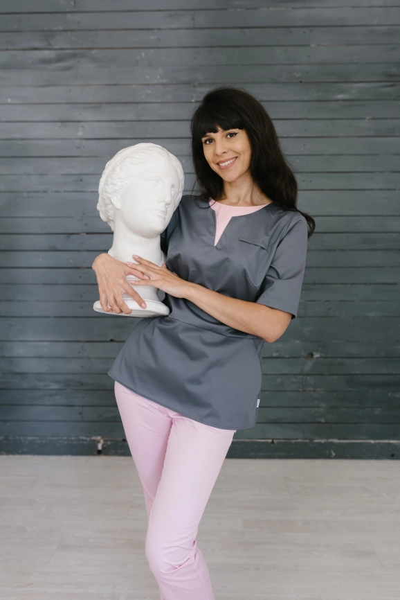 Блузон медицинский женский, короткий рукав, модель 7-766 о, цвет графит/розовый фото 1