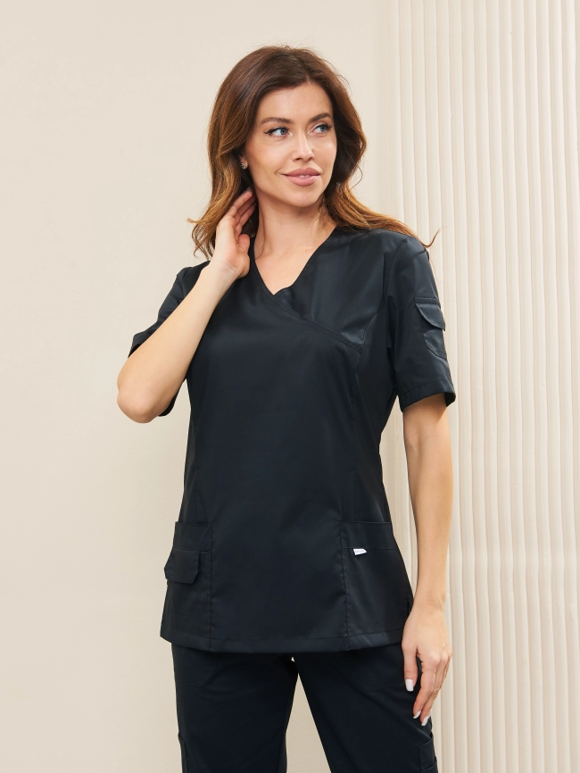 Блузон медицинский женский, короткий рукав, цвет черный, арт 7-343 фото 1